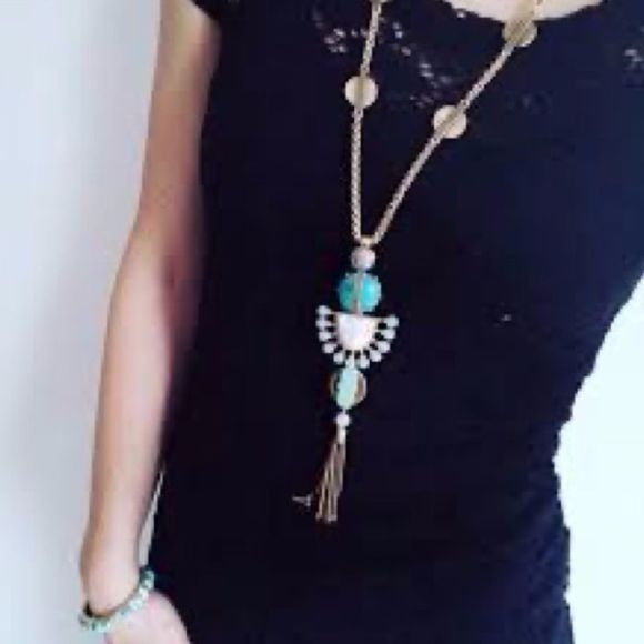 EUC Stella & Dot Totem Tassel Necklace Turquoise Gold - Picture 1 of 13